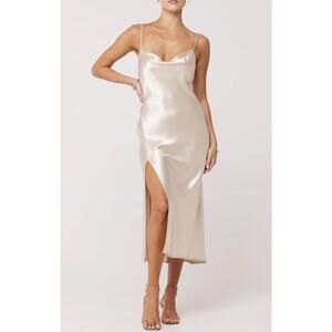 Resa Madison Slip Dress Cowl Champagne Gold Color slit Gown Satin Size XS NWT